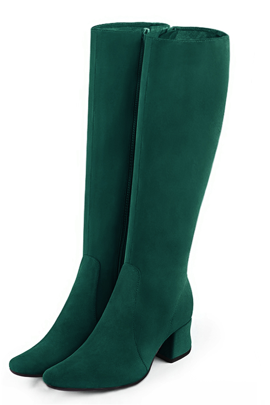 Forest green women's feminine knee-high boots. Round toe. Low flare heels. Made to measure. Front view - Florence KOOIJMAN